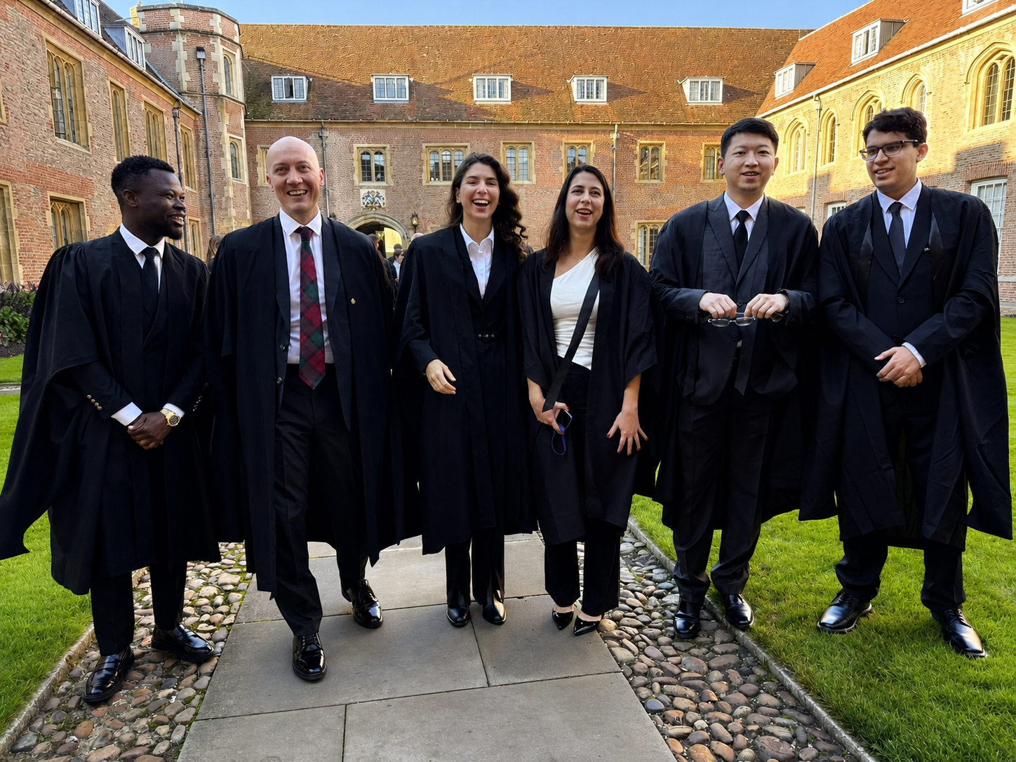 Graduates in academic gowns in a Cambridge college courtyard
