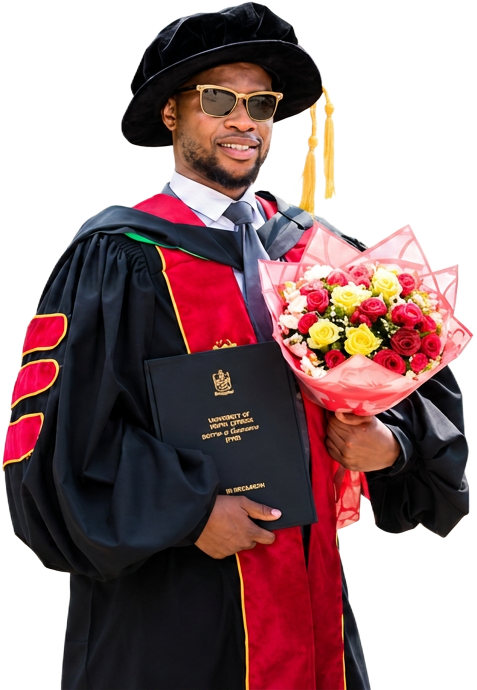 Abel Mavura at his PhD graduation ceremony, holding his degree and a bouquet